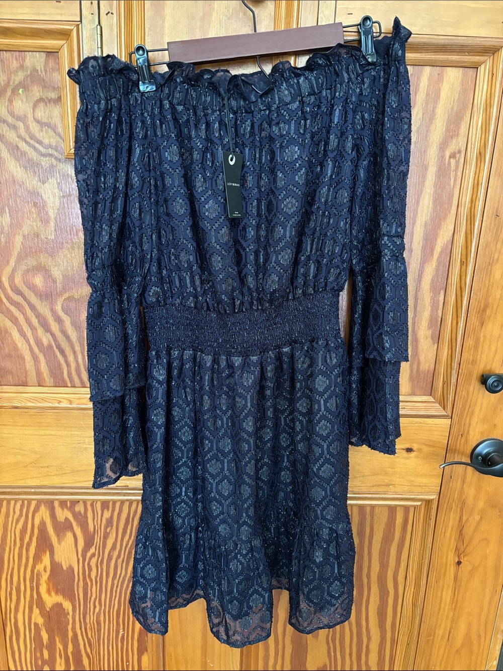 NWT Lucky Brand Off-Shoulder Navy metallic flare sleeve Dress